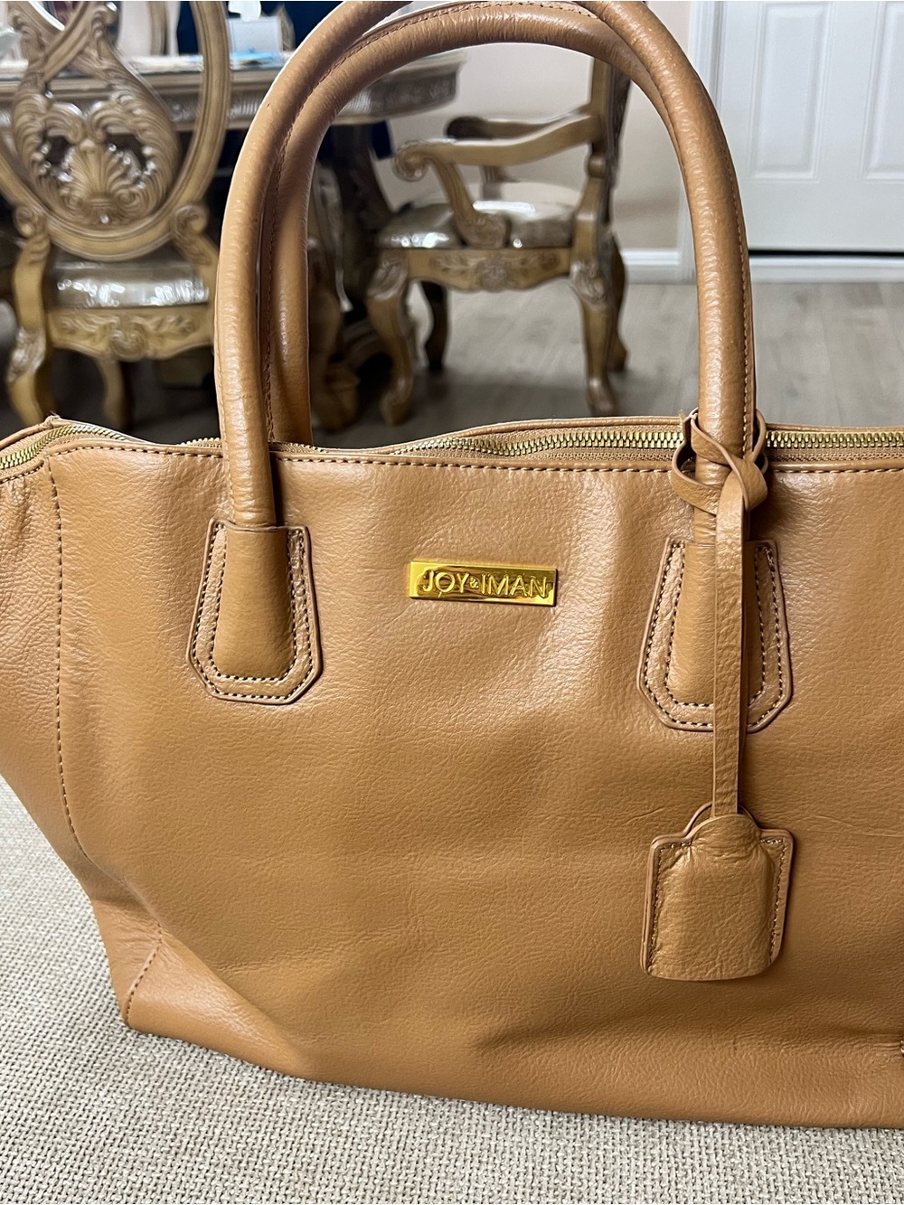 Joy & Iman Camel Brown Faux Leather Tote Bag – Large Zip Top Shoulder Purse - Picture 2 of 11